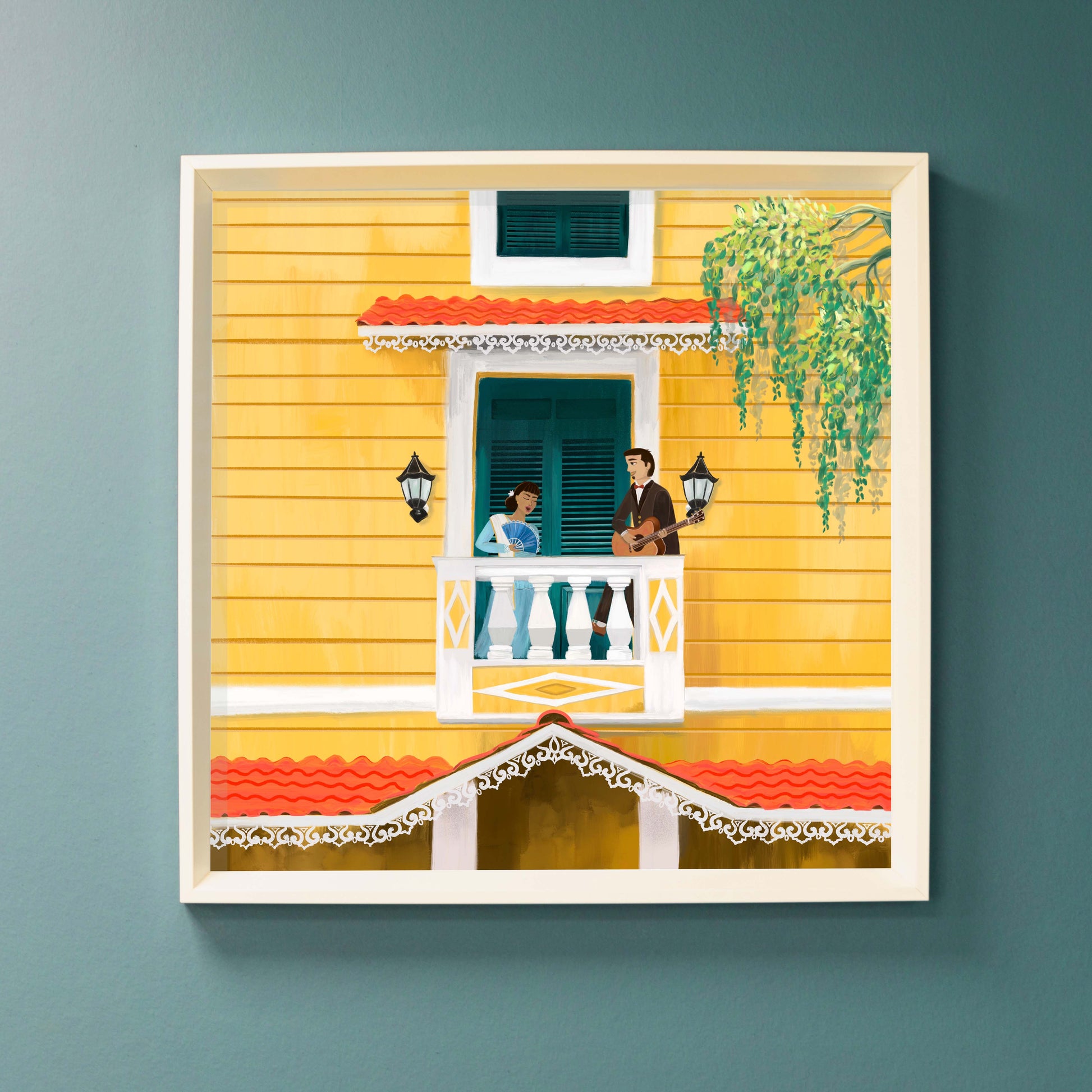 Framed art print of a couple singing a mando on a balcao of a yellow building in the bylanes of Goa