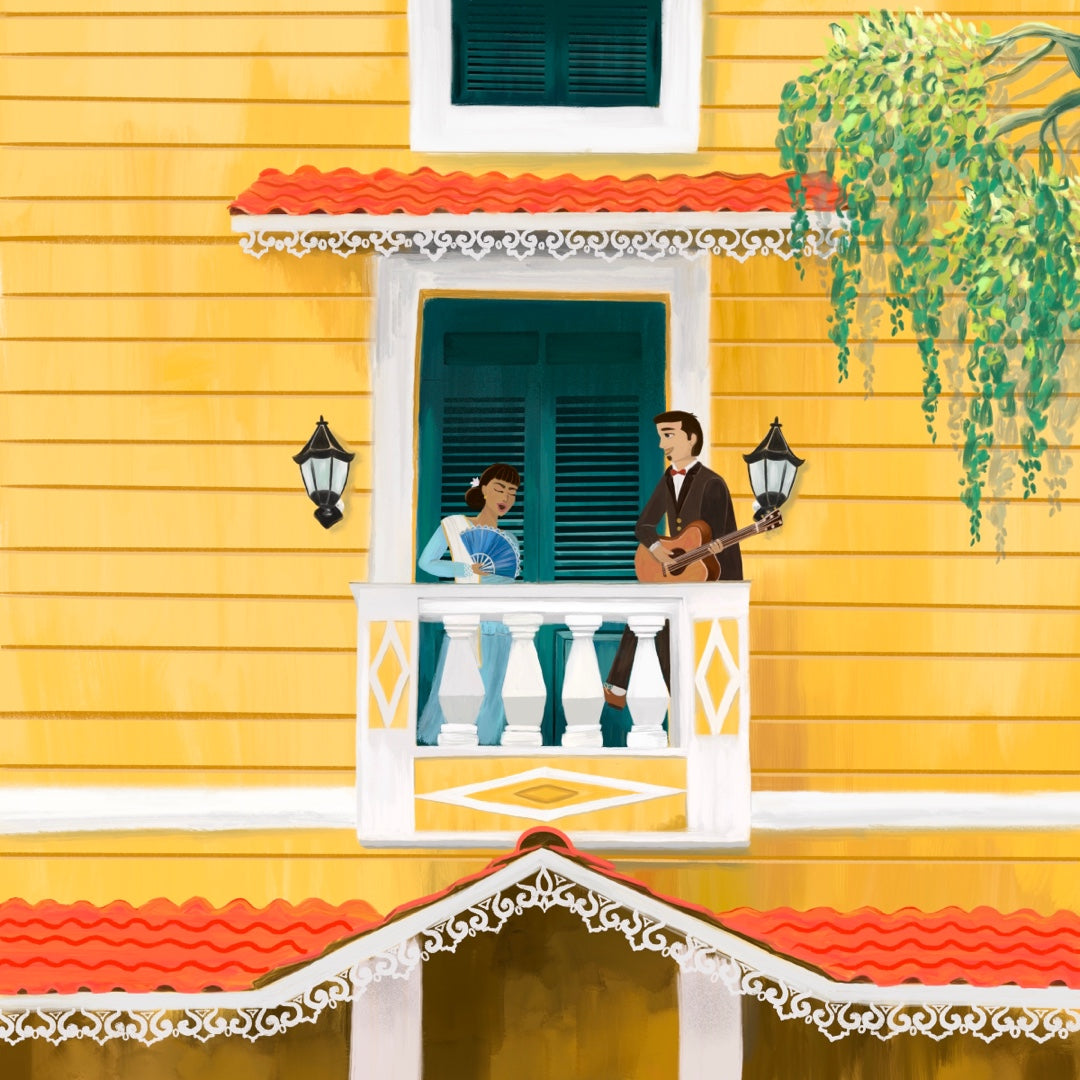 Painting of a couple singing a mando on a balcao of a yellow building in the bylanes of Goa